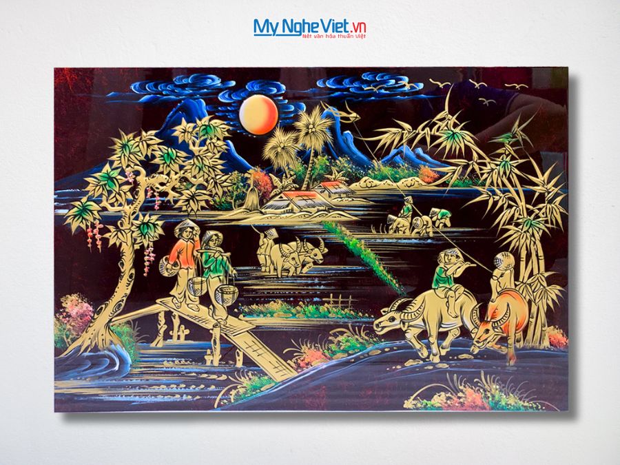 Tranh Sơn Mài Đồng Quê Đắp Nổi Phù Điêu 40x60cm SM4631