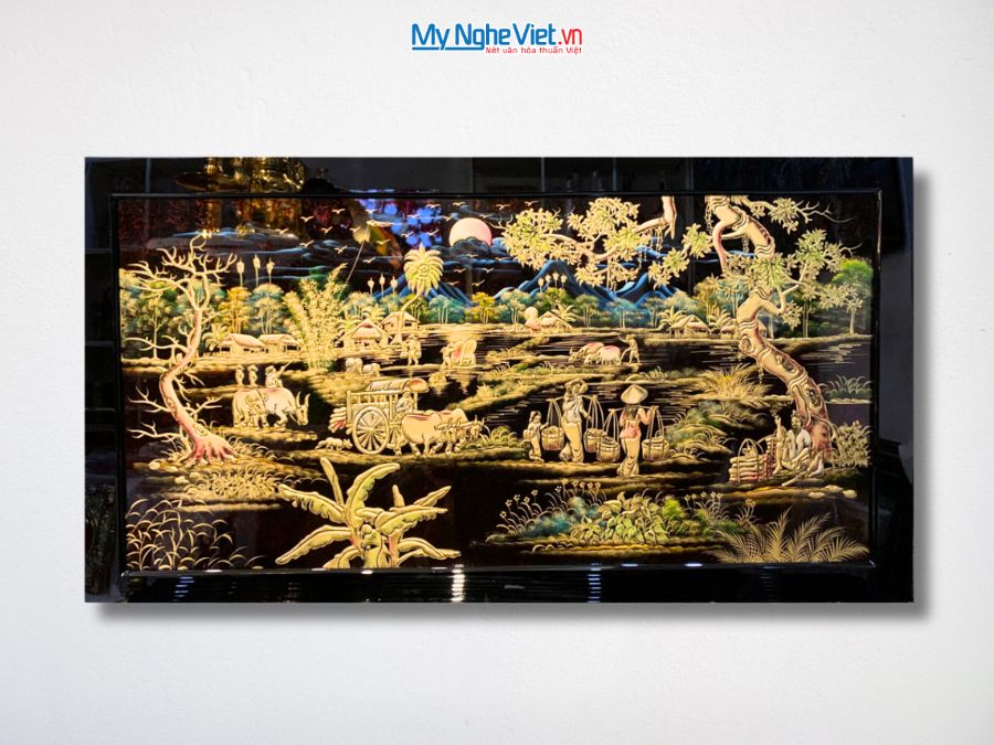 Tranh Sơn Mài Đồng Quê Đắp Nổi Phù Điêu 73x132cm TSM7135-1