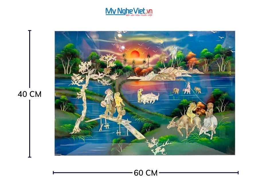 Tranh Sơn Mài Đồng Quê Cẩn Ốc Nền Xanh 40x60cm TSM46279