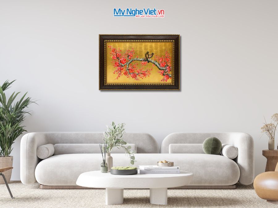 Tranh Sơn Mài Hoa Đào Và Chim Uyên Ương Đỏ 54x74cm TSM571-1.21 