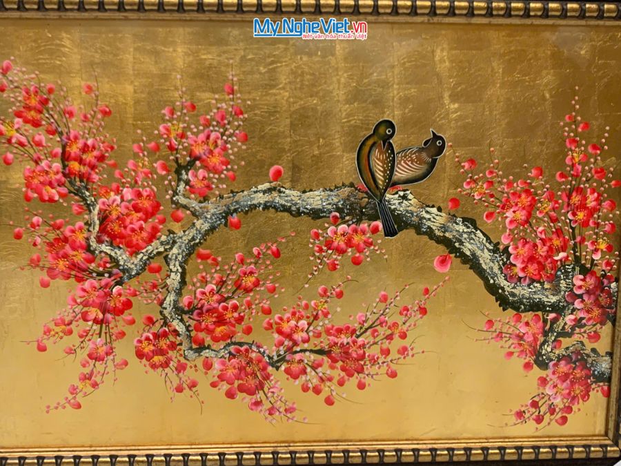 Tranh Sơn Mài Hoa Đào Và Chim Uyên Ương Đỏ 54x74cm TSM571-1.21 