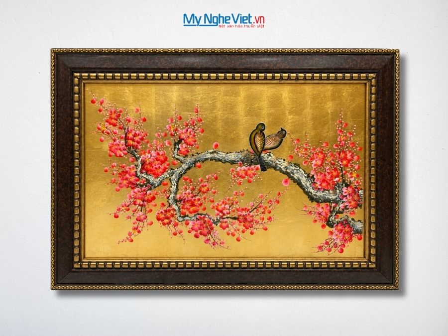 Tranh Sơn Mài Hoa Đào Và Chim Uyên Ương Đỏ 54x74cm TSM571-1.21 