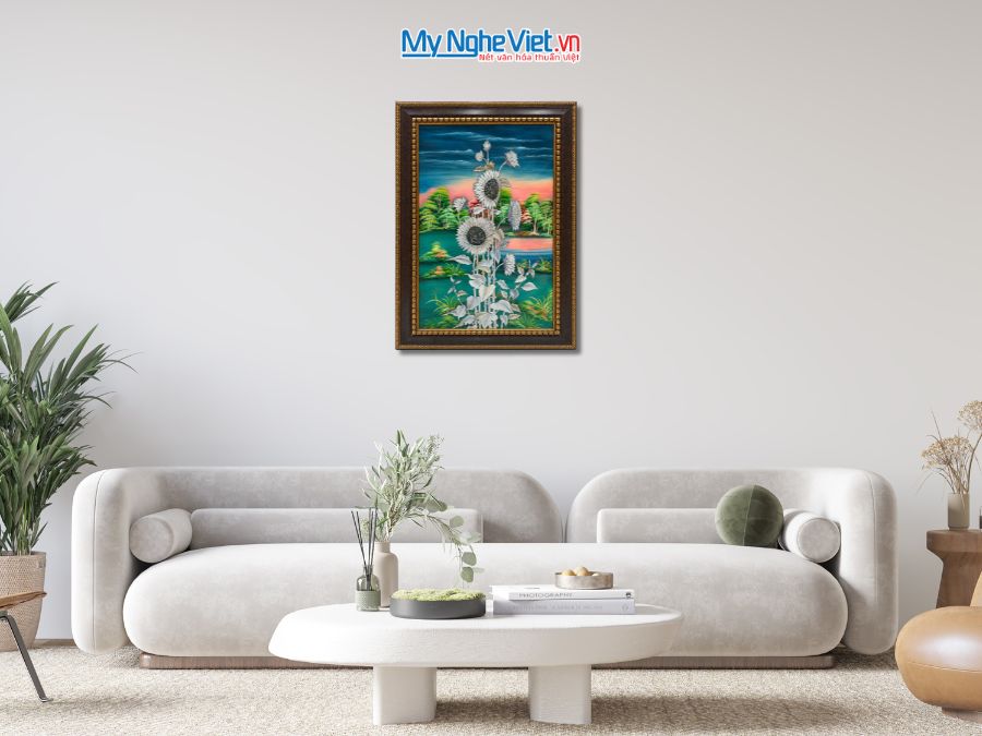 Tranh Sơn Mài Hoa Hướng Dương Cẩn Ốc Nền Xanh 54x74cm TSM571-1.16