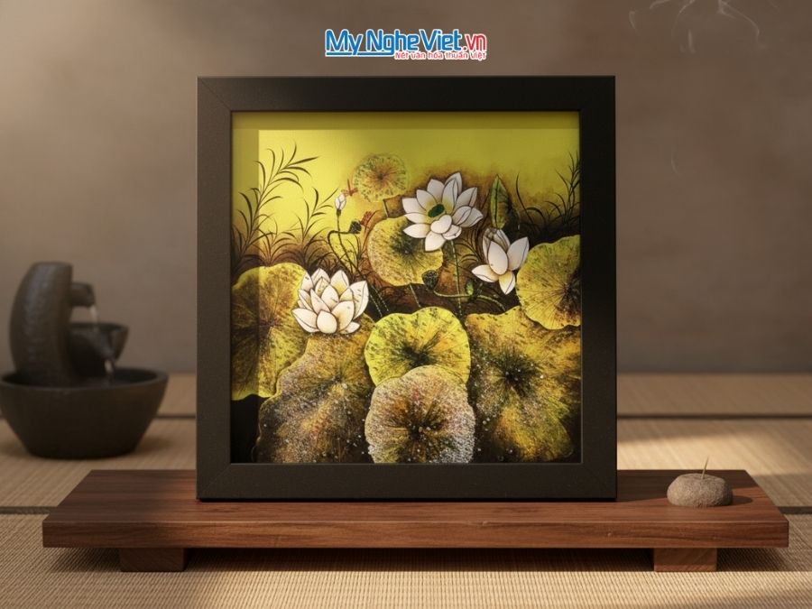 Tranh Sơn Mài Hoa Sen Cao Cấp Nền Xanh 35x35cm MNV-TSM3535/4