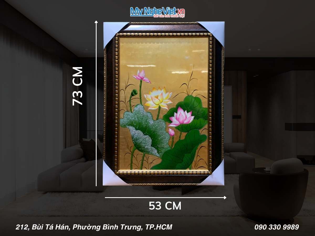 Tranh sơn mài sen đắp nổi dát vàng 40x60 có khung 54x74cm TSM571-1.13