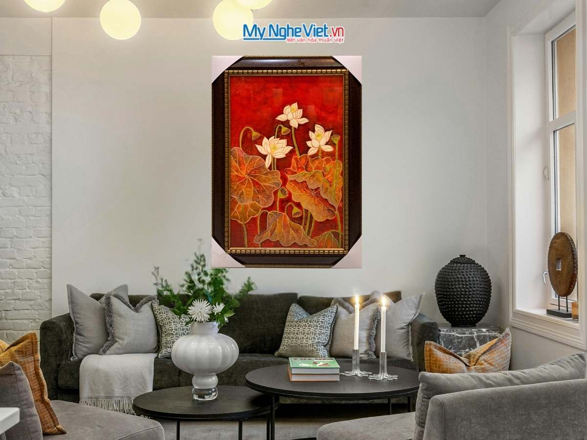 Tranh sơn mài sen đắp nổi nền đỏ 40x60 có khung 54x74cm TSM571-1.14