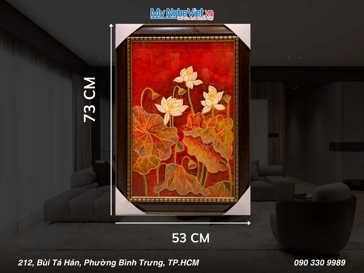 Tranh sơn mài sen đắp nổi nền đỏ 40x60 có khung 54x74cm TSM571-1.14