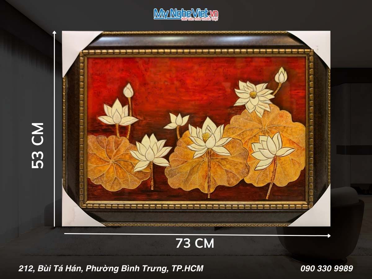 Tranh sơn mài sen đắp nổi nền đỏ 40x60 có khung 54x74cm TSM571-1.15