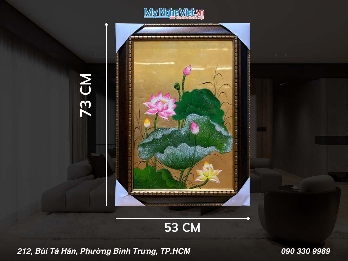Tranh sơn mài sen đắp nổi 40x60 có khung 54x74cm TSM571-1.9