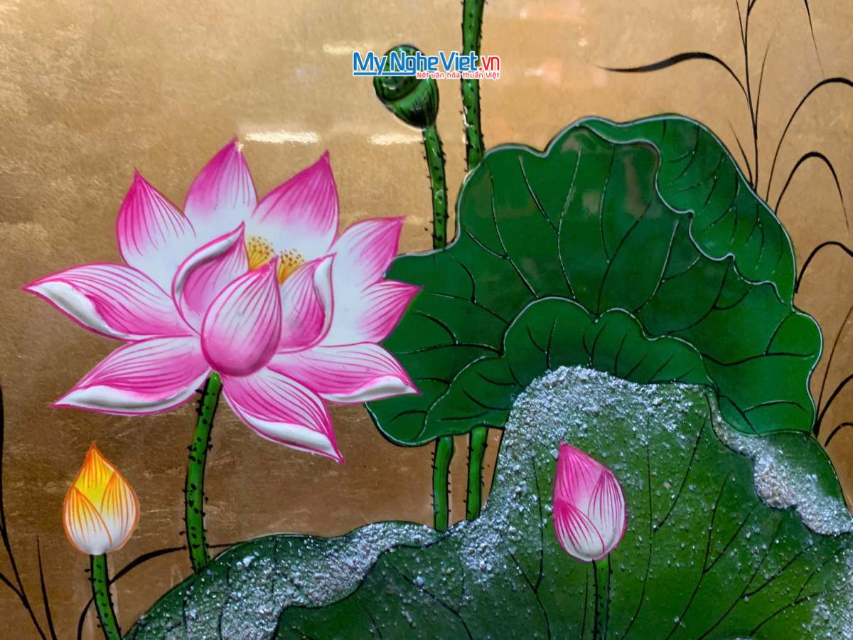 Tranh sơn mài sen đắp nổi 40x60 có khung 54x74cm TSM571-1.9