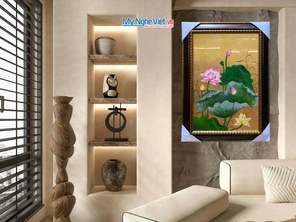 Tranh sơn mài sen đắp nổi 40x60 có khung 54x74cm TSM571-1.9