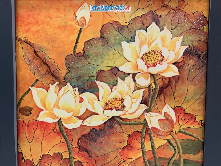 Tranh Sơn Mài Hoa Sen Nền Cam 35x35cm TBL018