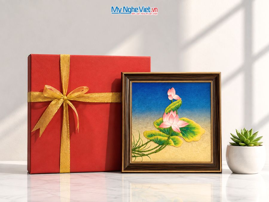 Tranh Sơn Mài Hoa Sen Cao Cấp 24x24cm TSMDH2424-1