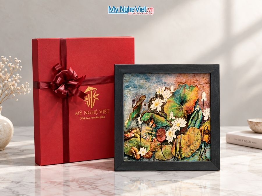 Tranh Sơn Mài Hoa Sen Đa Sắc Vẽ Tay 35x35cm MNV-TSM3535/14