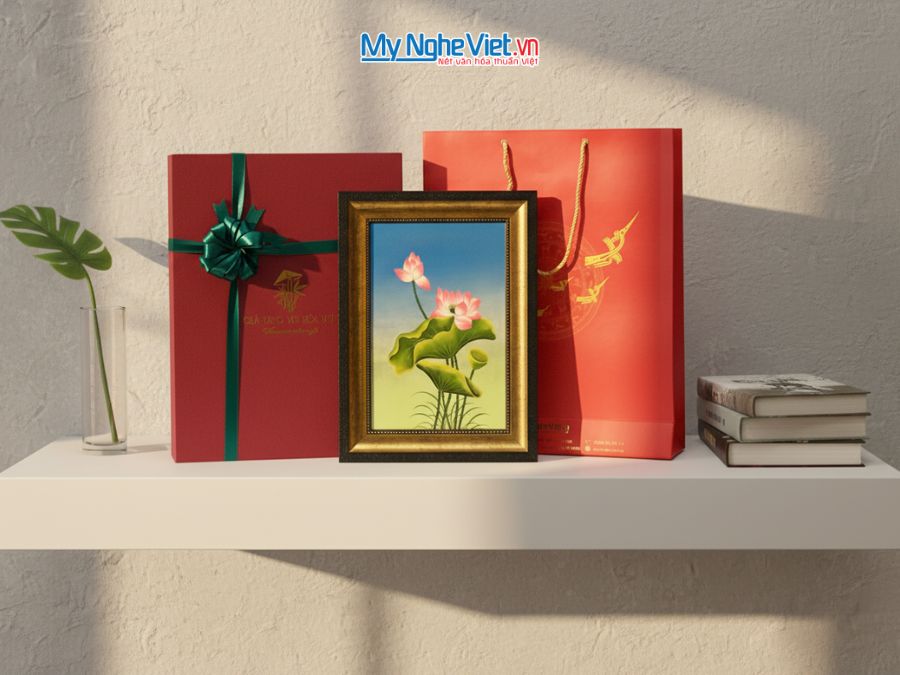 Tranh Sơn Mài Hoa Sen Nền Xanh Đắp Nổi Cao Cấp 28x38cm TSMDH2838-1.1