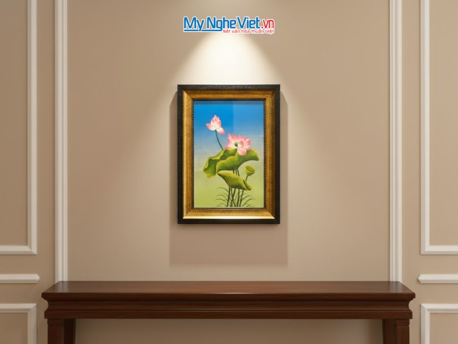 Tranh Sơn Mài Hoa Sen Nền Xanh Đắp Nổi Cao Cấp 28x38cm TSMDH2838-1.1
