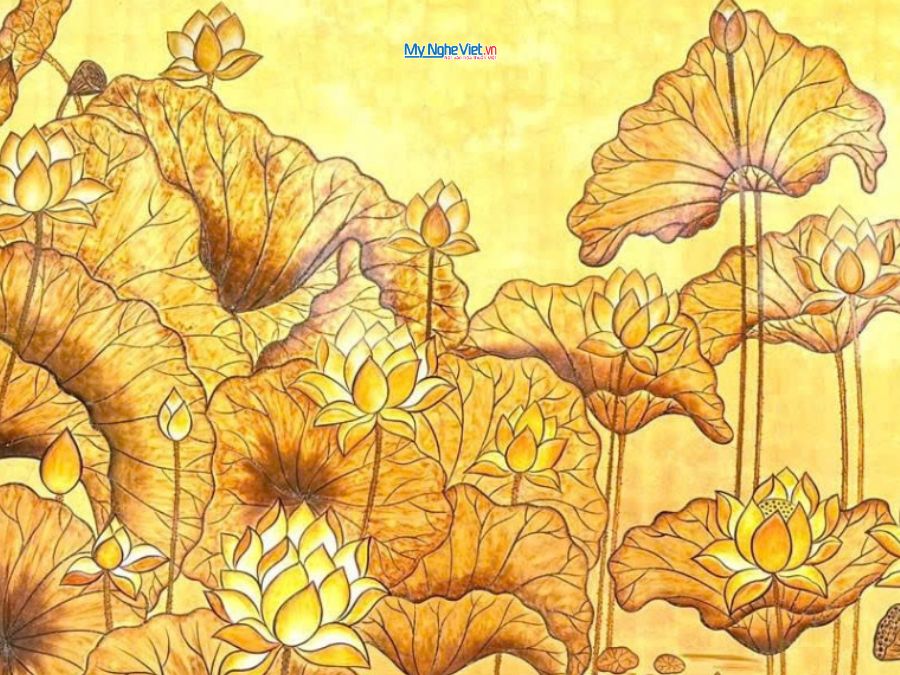 Tranh Sơn Mài Hoa Sen Đắp Nổi Dát Vàng 154x154cm TSMTB1515-1