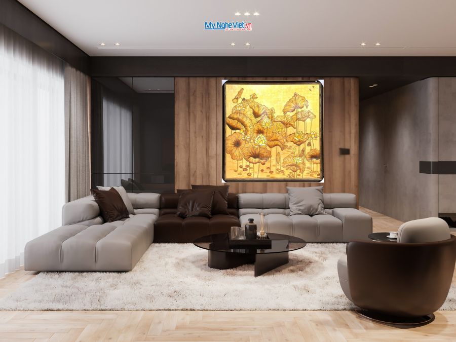 Tranh Sơn Mài Hoa Sen Đắp Nổi Dát Vàng 154x154cm TSMTB1515-1