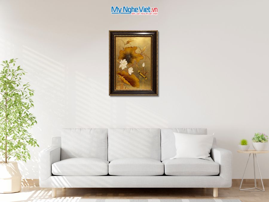 Tranh Sơn Mài Hoa Sen Trắng Dát Vàng 54x74cm TSM571-1.4