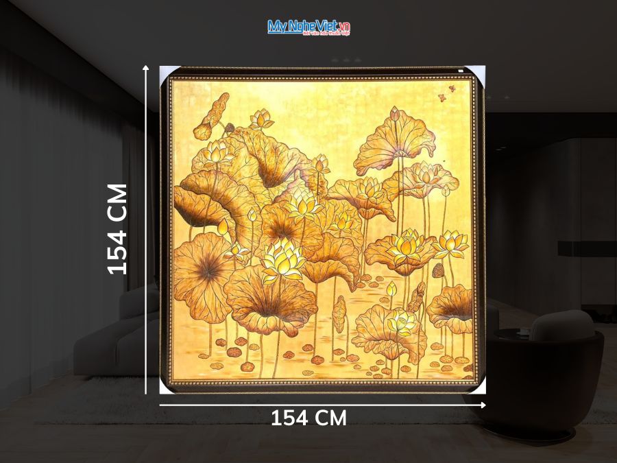Tranh Sơn Mài Hoa Sen Đắp Nổi Dát Vàng 154x154cm TSMTB1515-1