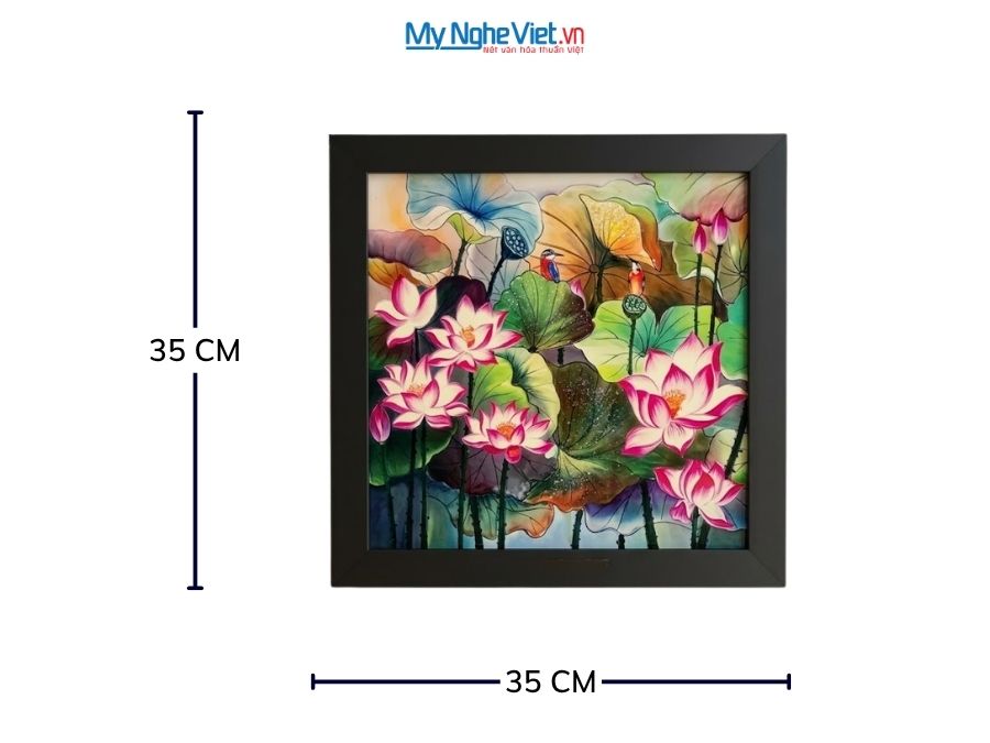 Tranh Sơn Mài Hoa Sen Hồng Vẽ Tay Nền Xanh 35x35cm MNV-TSM3535/7