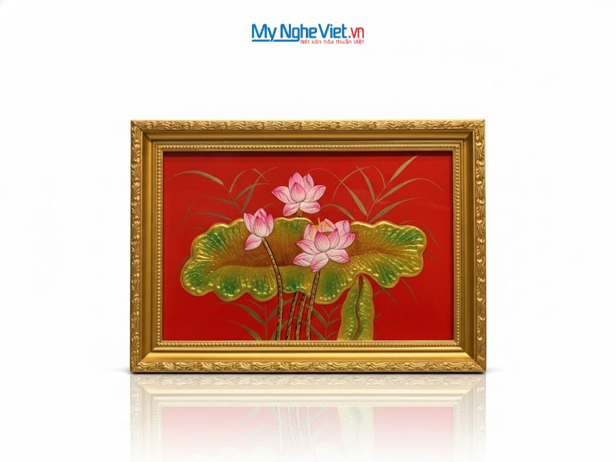 Tranh Sơn Mài Hoa Sen Nền Đỏ Cao Cấp 28x38cm TSM20304/khung