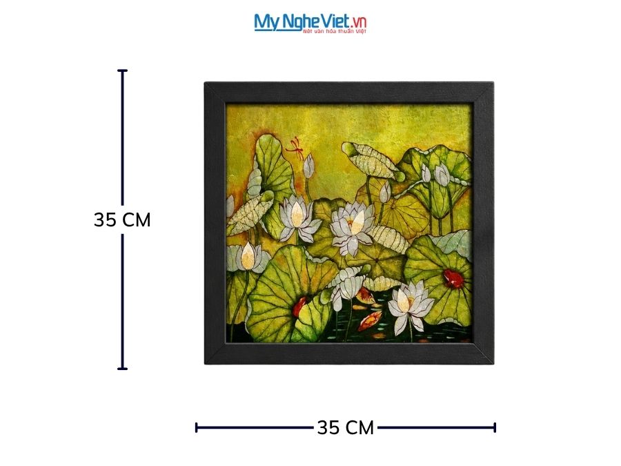 Tranh Sơn Mài Hoa Sen Dát Bạc Nền Vàng 35x35cm MNV-TSM3535/1