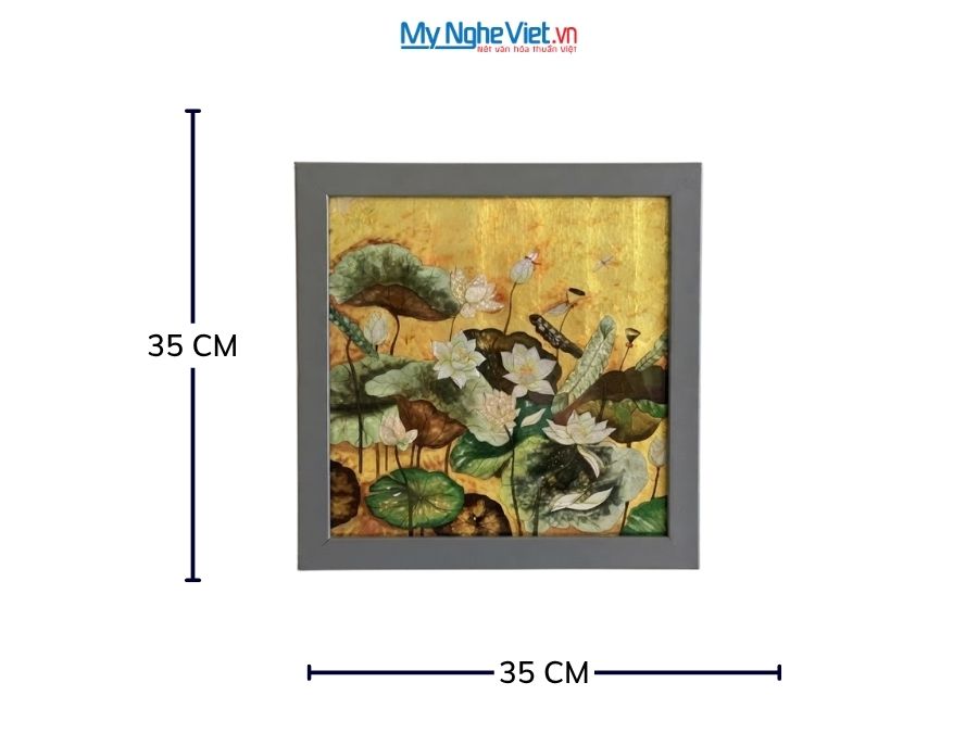 Tranh Sơn Mài Hoa Sen Dát Bạc Nền Vàng 35x35cm MNV-TSM3535/20