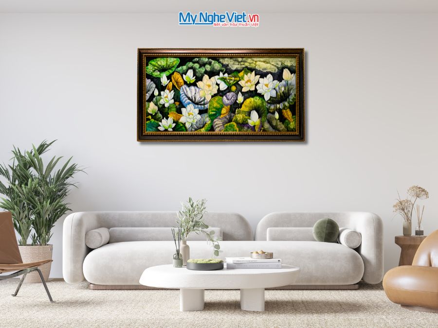 Tranh Sơn Mài Hoa Sen Cẩn Trứng Cao Cấp Nền Đen 75x135cm TSM60120K-HSCT