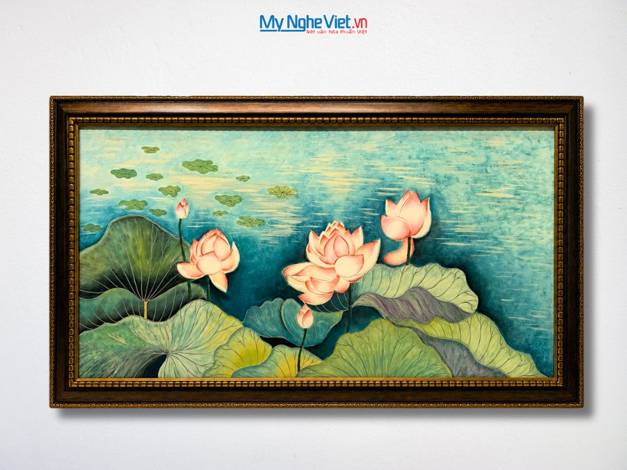 Tranh Sơn Mài Hoa Sen Vẽ Tay Cao Cấp Nền Xanh 75x135cm TSM60120K-HSNX