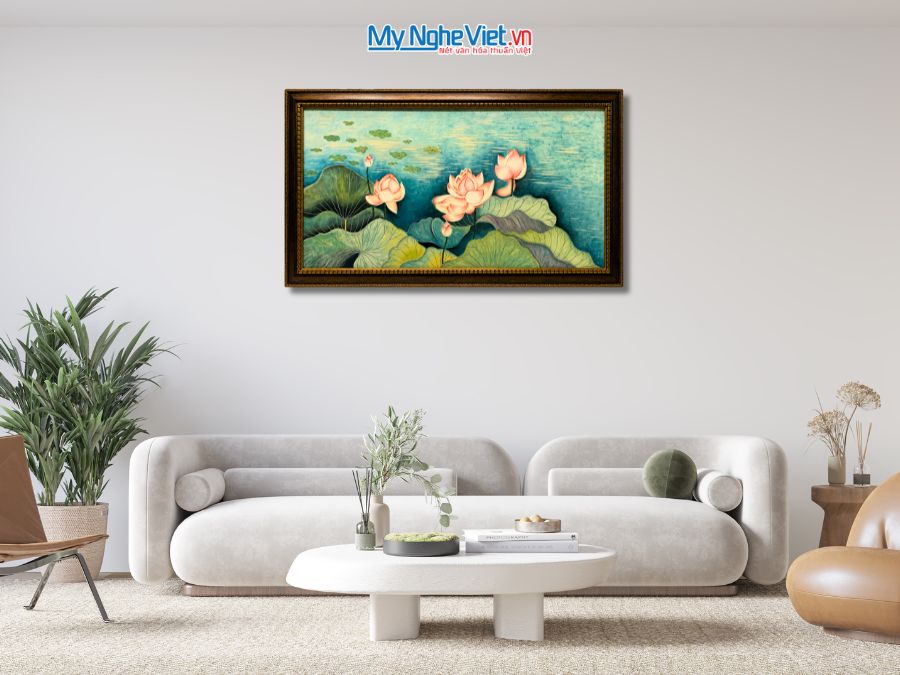 Tranh Sơn Mài Hoa Sen Vẽ Tay Cao Cấp Nền Xanh 75x135cm TSM60120K-HSNX