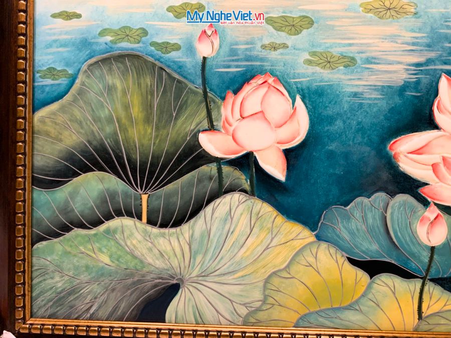 Tranh Sơn Mài Hoa Sen Vẽ Tay Cao Cấp Nền Xanh 75x135cm TSM60120K-HSNX
