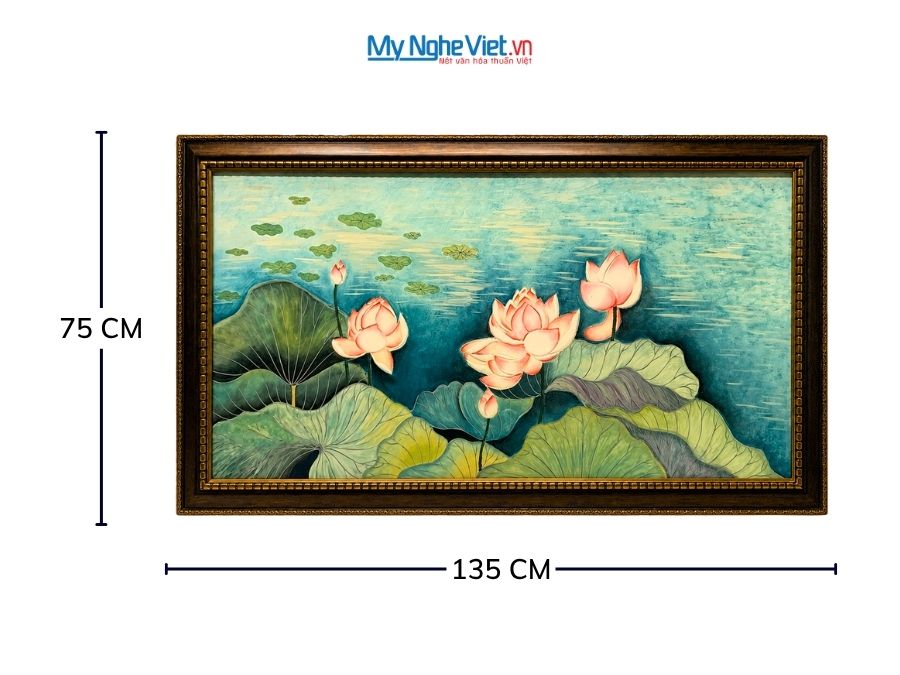Tranh Sơn Mài Hoa Sen Vẽ Tay Cao Cấp Nền Xanh 75x135cm TSM60120K-HSNX