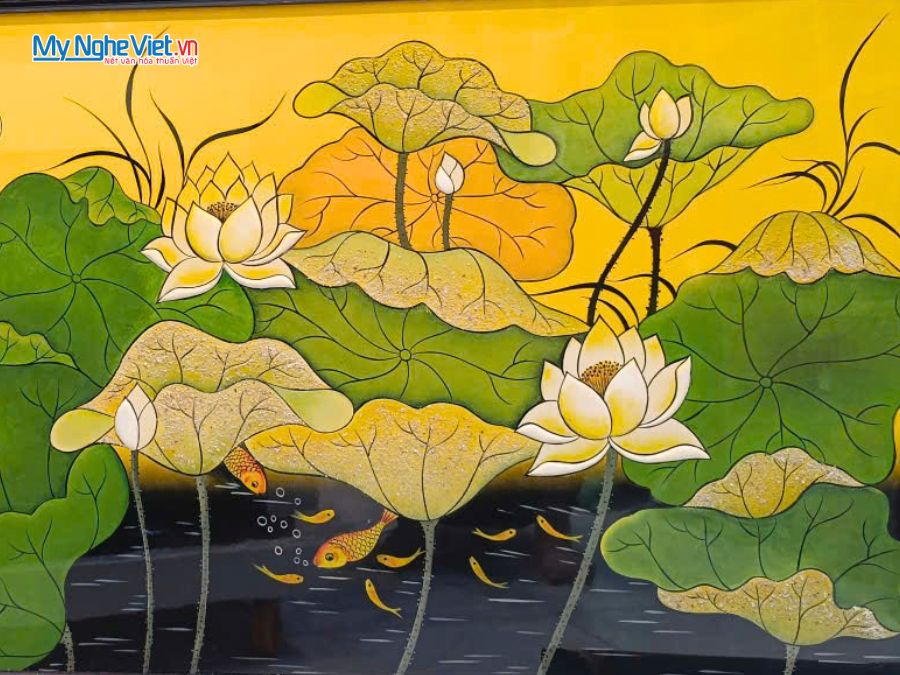 Tranh Sơn Mài Hoa Sen Vẽ Tay Cao Cấp Nền Vàng 75x135cm TSM7139.S