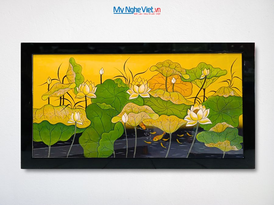 Tranh Sơn Mài Hoa Sen Vẽ Tay Cao Cấp Nền Vàng 75x135cm TSM7139.S