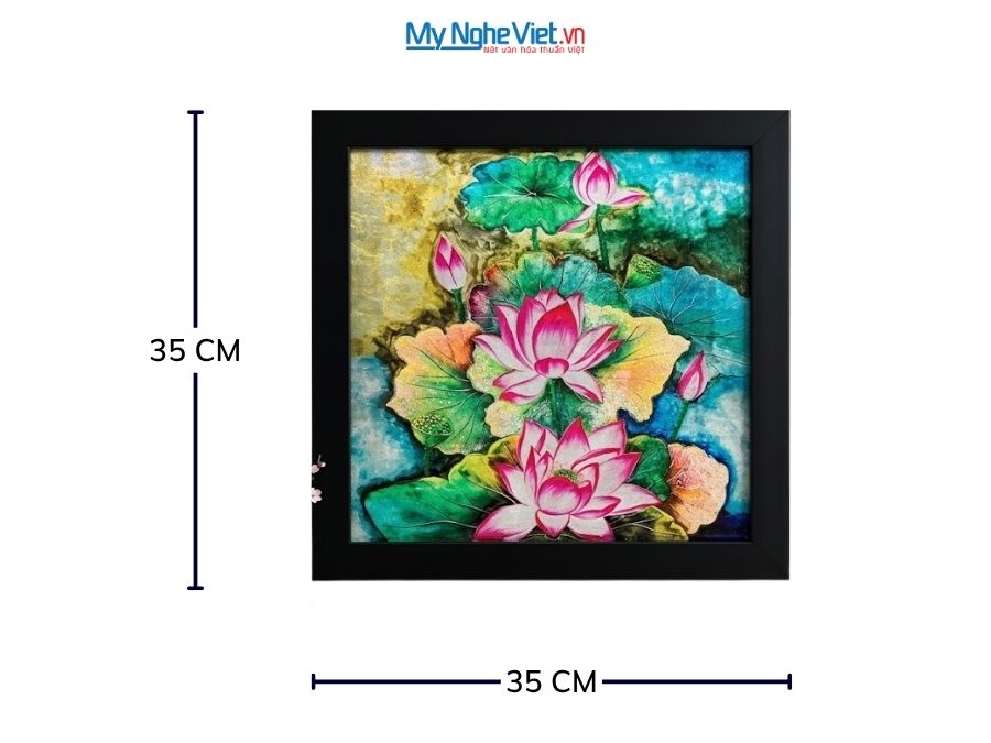 Tranh Sơn Mài Hoa Sen Hồng Dát Bạc Nền Xanh 35x35cm MNV-TSM3535/12