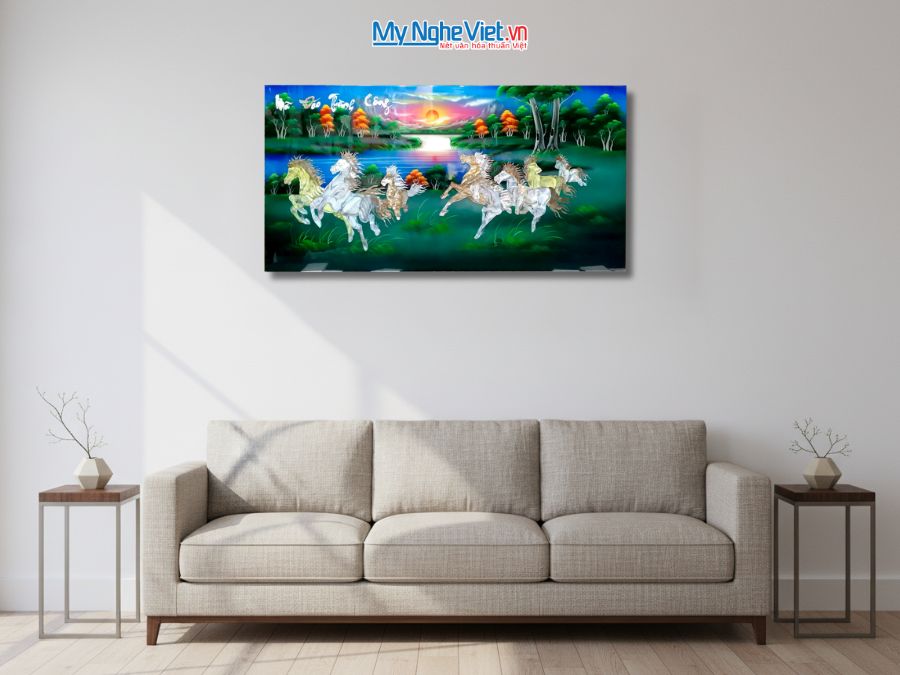 Tranh Sơn Mài Mã Đáo Thành Công Cẩn Ốc Nền Xanh 60x120cm TSM60120-MĐX