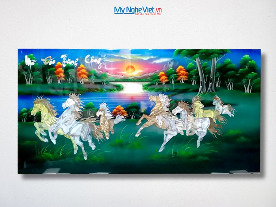 Tranh Sơn Mài Mã Đáo Thành Công Cẩn Ốc Nền Xanh 60x120cm TSM60120-MĐX