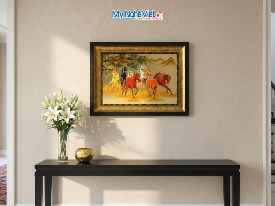 Tranh Sơn Mài Mã Đáo Thành Công đắp nổi nền vàng 28x38cm TSMDH2838/1