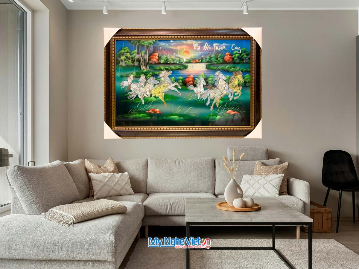 Tranh mã đáo cẩn nền xanh Khung nhựa 60x90 TSM698-6