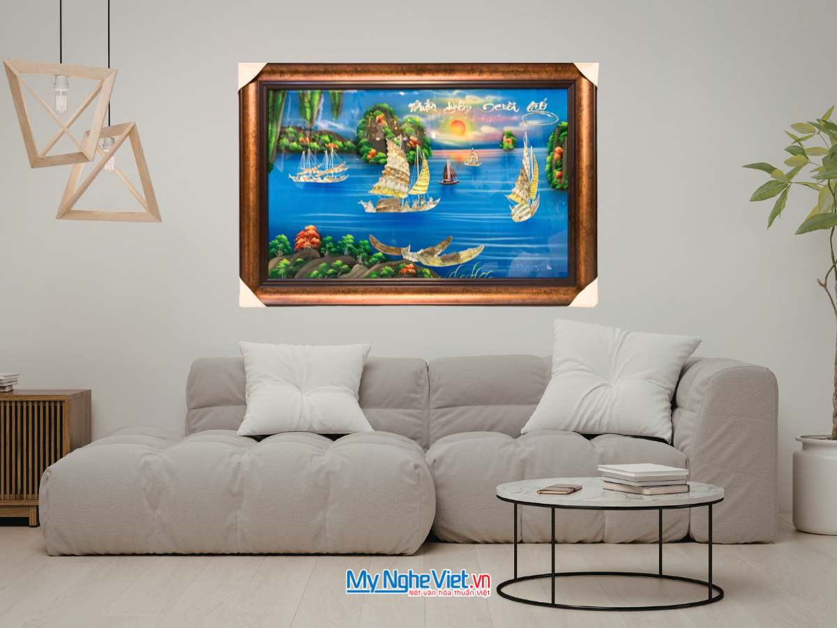 Tranh Sơn mài Thuận Buồm Cẩn Xanh 50x80cm Khung nhựa 60x90