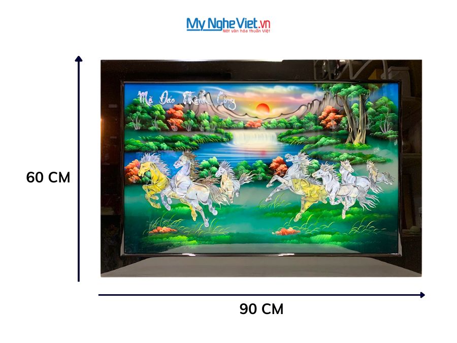Tranh Sơn Mài Mã Đáo Thành Công Cẩn Ốc Nền Xanh 60x90cm TSM698