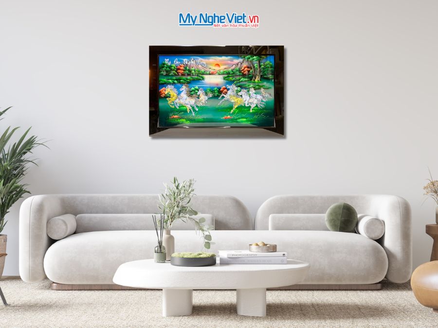 Tranh Sơn Mài Mã Đáo Thành Công Cẩn Ốc Nền Xanh 60x90cm TSM698