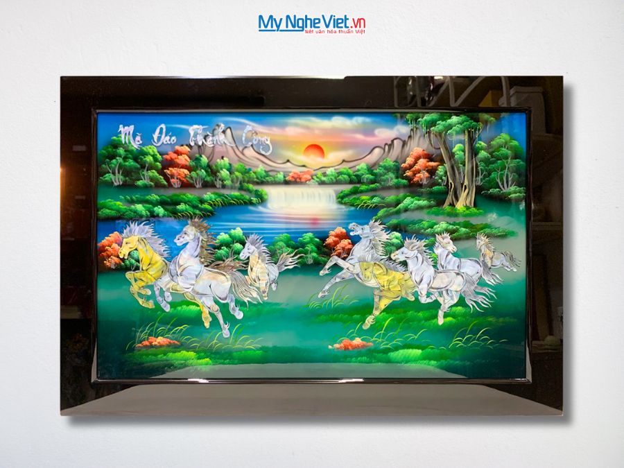 Tranh Sơn Mài Mã Đáo Thành Công Cẩn Ốc Nền Xanh 60x90cm TSM698