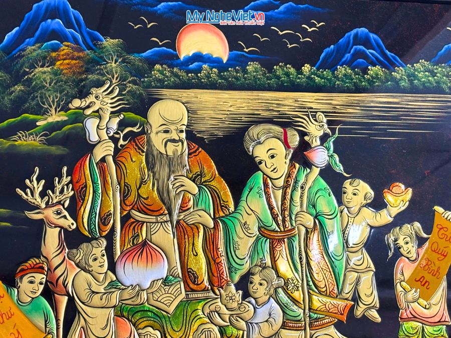 Tranh Sơn Mài Mừng Thọ Đắp Nổi Phù Điêu Cao Cấp 73x132cm TSM7137-2