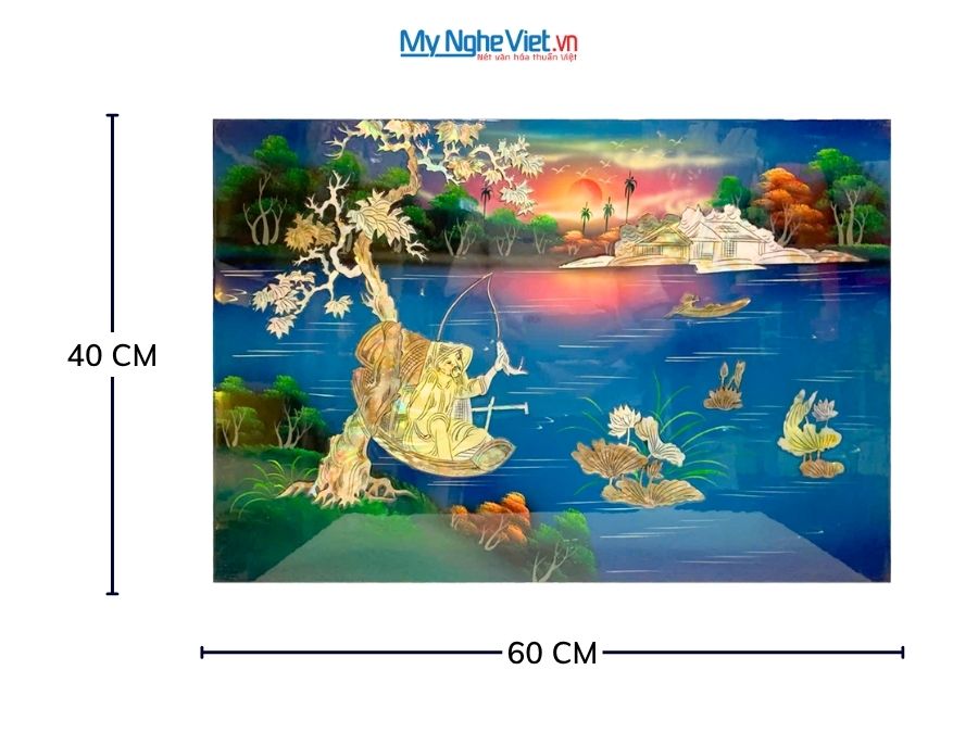 Tranh Sơn Mài Ngư Ông Câu Cá Cẩn Ốc Nền Xanh 40x60cm TSM463.2