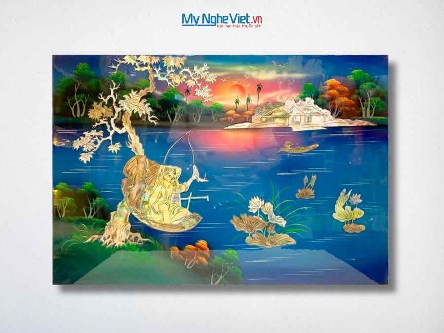 Tranh Sơn Mài Ngư Ông Câu Cá Cẩn Ốc Nền Xanh 40x60cm TSM463.2