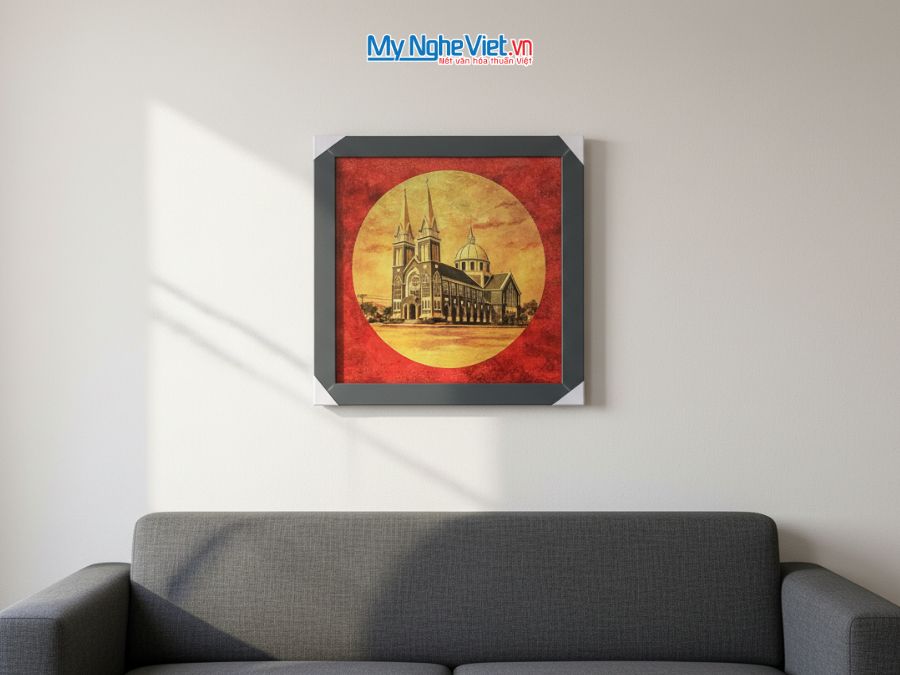Tranh Sơn Mài Nhà Thờ Chính Tòa Phú Cường 35x35cm TBL012