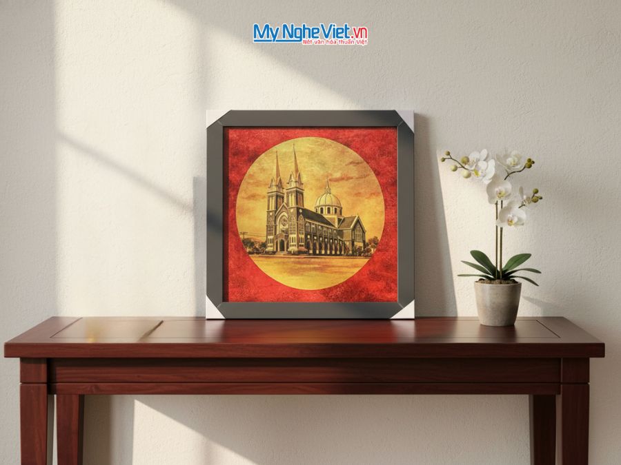 Tranh Sơn Mài Nhà Thờ Chính Tòa Phú Cường 35x35cm TBL012