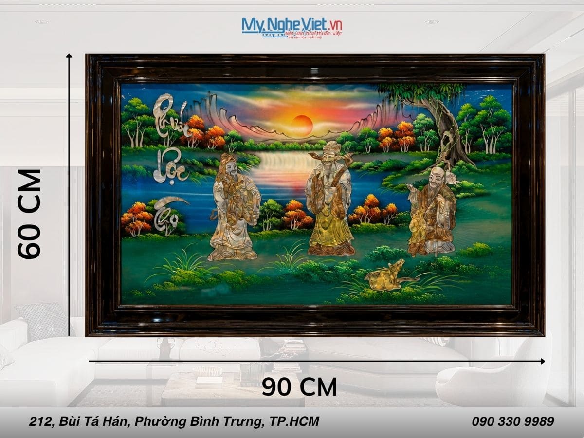 Tranh Sơn Mài Phúc Lộc Thọ Nền xanh 50x80 TSM697